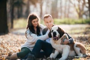 Young couple enjoying nature outdoors together with their adorable Saint Bernard puppy.